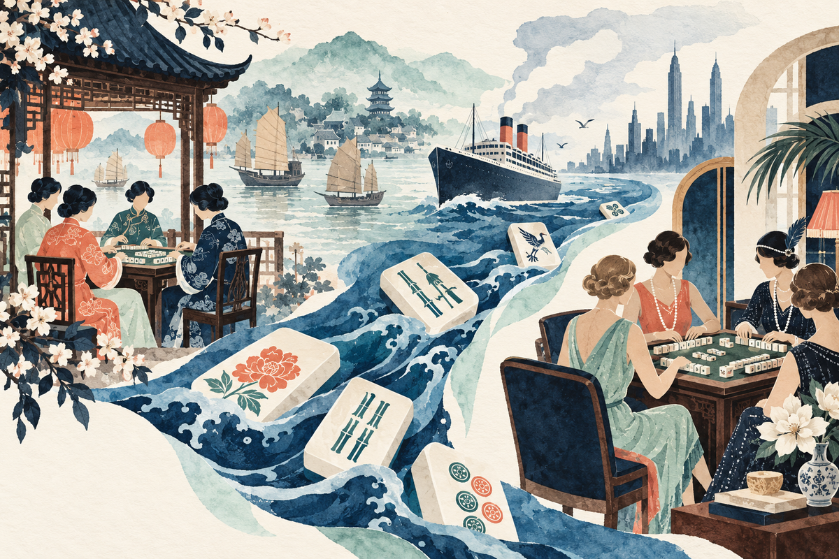 Editorial watercolor illustration suggesting mahjong’s journey from nineteenth-century China to American tables in the 1920s.