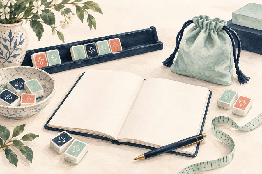 Editorial watercolor illustration of mahjong tiles, a measuring card, and a first-set buying checklist.