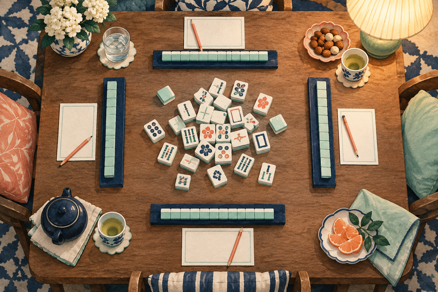 Editorial watercolor illustration of a four-seat mahjong table prepared with tiles, racks, light, tea, and snacks.