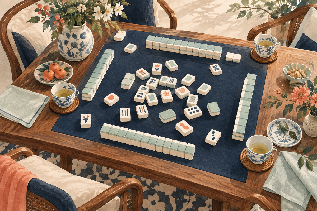 Editorial watercolor illustration of an inviting mahjong table with tiles and a notebook.