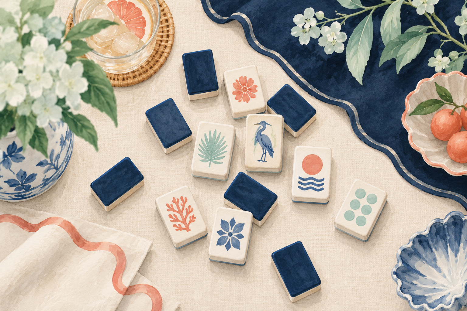 Watercolor editorial illustration of an American Mahjong table in navy, mint, coral, and cream